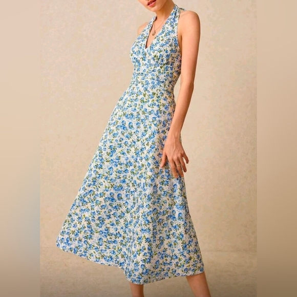 New Rose Floral Tie Halter Ruched Waist Midi Dress Blue White - Picture 6 of 10